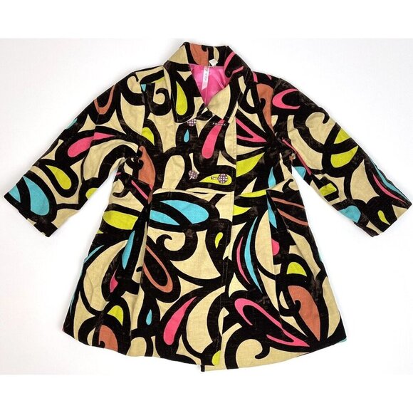 LILI & LUCY Girls 3T Neon Brown Velvet Stained Glass Swirl Mod Lined DRESS COAT - Picture 1 of 5